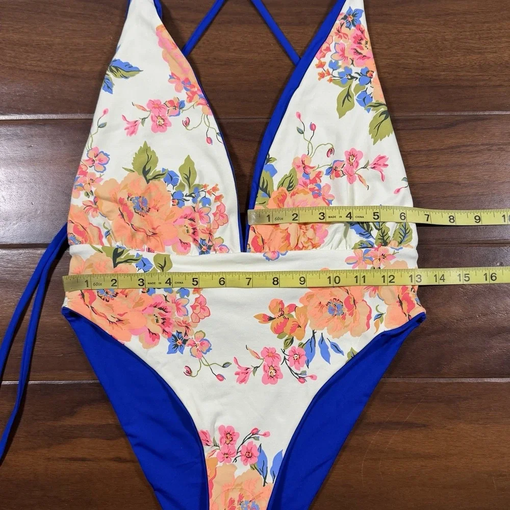 Maaji Size Medium Blue Floral Reversible Tie Safari One Piece Swimsuit